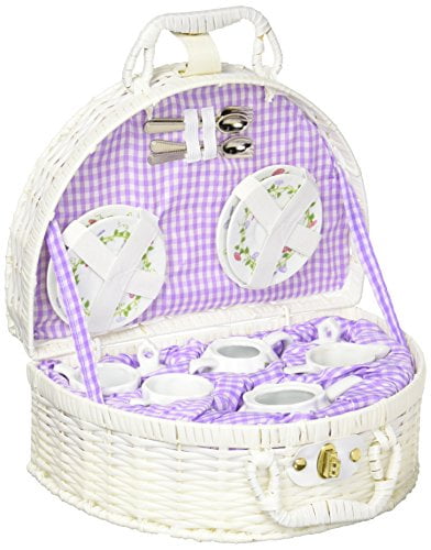 children's tea set in wicker basket
