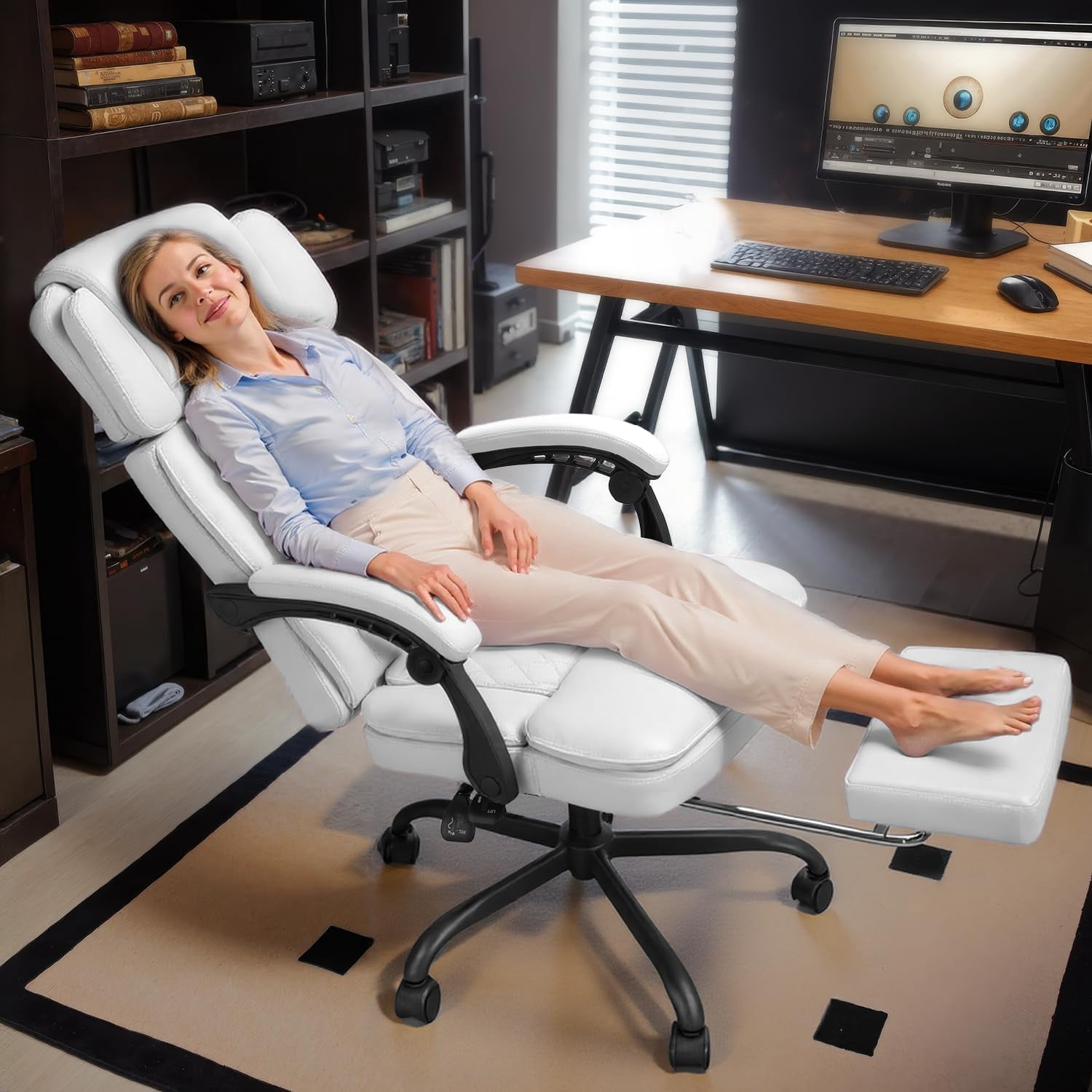 Big and Tall Office Chair 400lbs Capacity, Ergonomic Executive Chair with Linkage Armrests, Adjustable Headrest, Retractable Footrest & Lumbar Support, High Back PU Leather Desk Chair,White