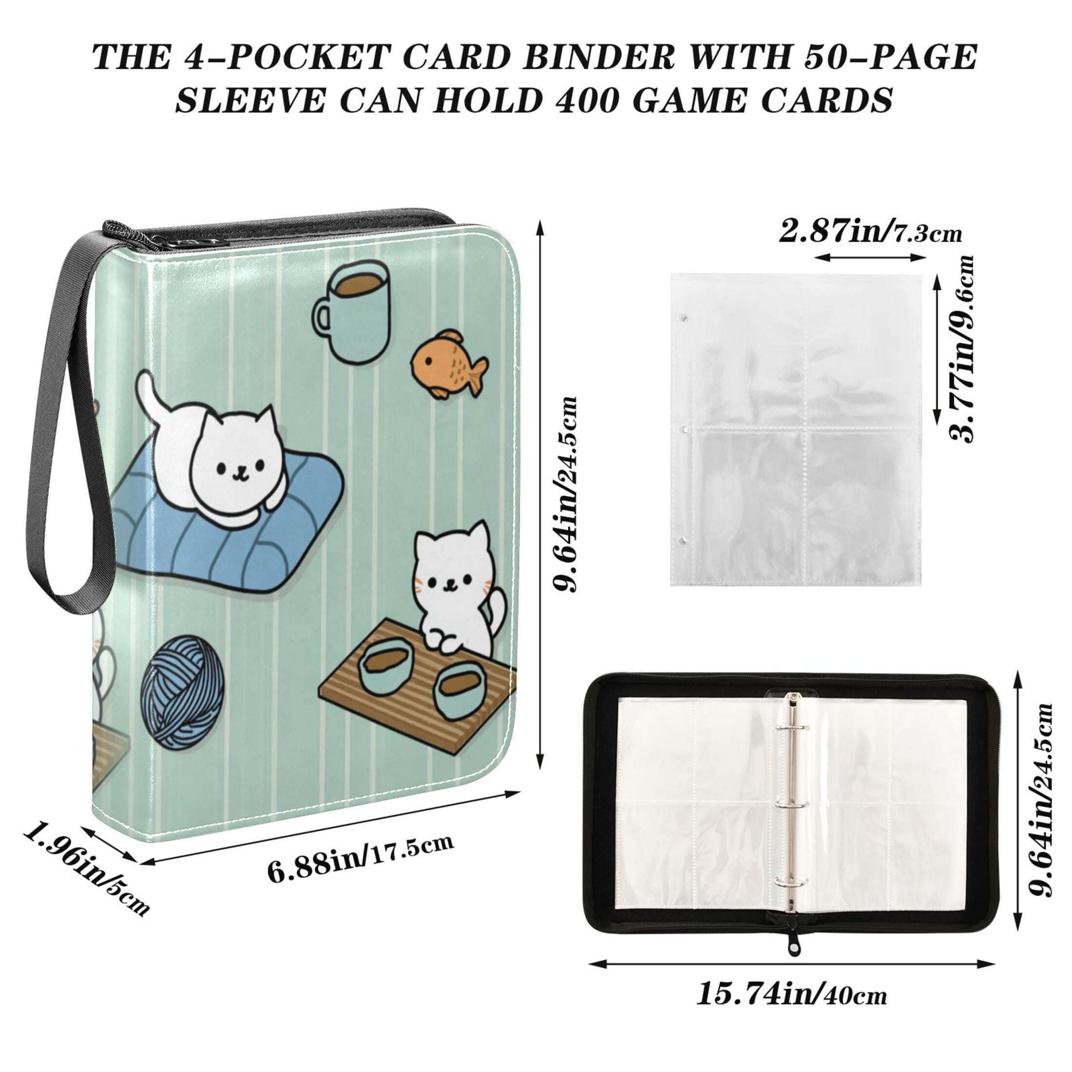 Game Card Storage Bag Collectible Trading Card Albums The 4-Pocket Card Binder With 50-Page Sleeve Can Hold 400 Game Cards White Cats