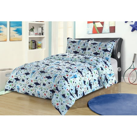 Twin Shark Print Bedding Comforter Bed Set Blue Green Red Ocean
