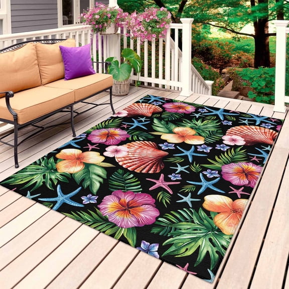 Tropical Plants Outdoor Rug for Patio/Deck/Porch, Non-Slip Large Area Rug 5 x 7 Ft, Green Leaf Coastal Blue Starfish Shells Indoor Outdoor Rugs Washable Area Rugs, Camping Rug Carpet Runner