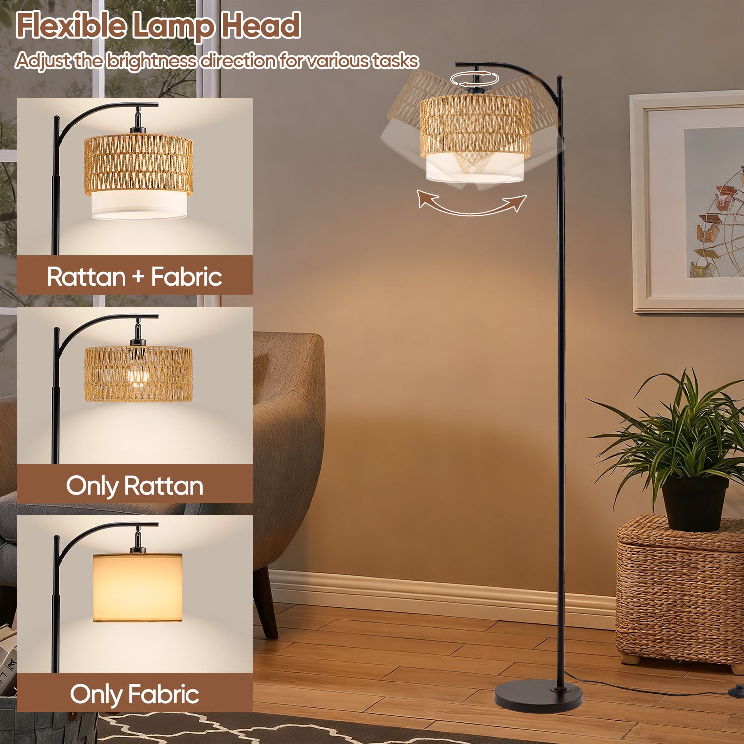 Vesteel Floor Lamp for Living Room, Rattan Standing Lamp with Adjustable Rattan & Fabric Shades, 3 Color Temperatures Boho Farmhouse Floor Lamp for Bedroom