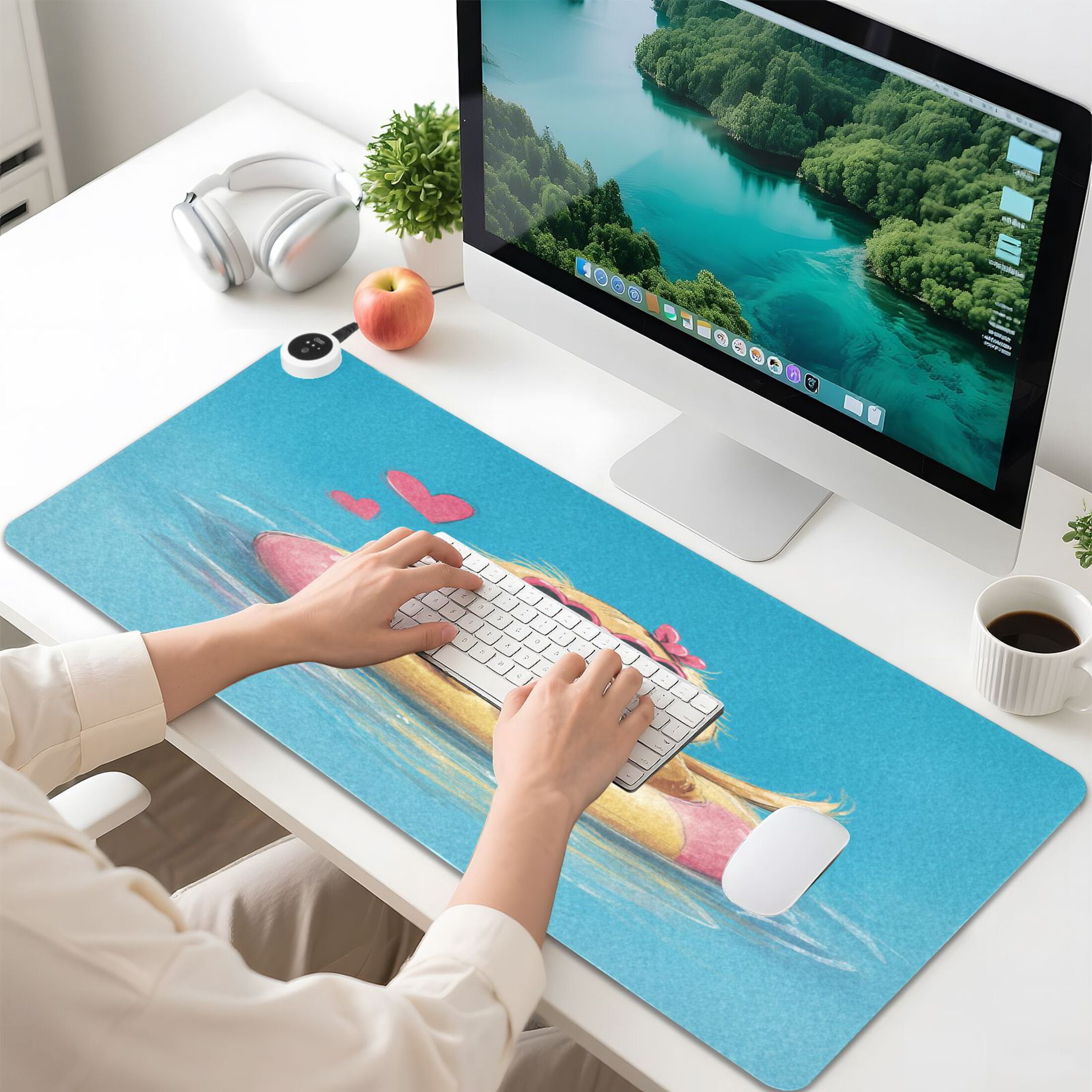 Large Heated Desk Mat Mouse Pad 31.5"x13"PU Leather Graphene Heating Desk Warmer with 3 Temperature Settings 110V US Plug Non-Slip Warm Pad for Home, Office, and Gaming Cheerful Watercolor Pool Pup