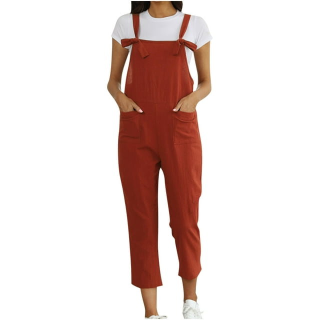 Combinaison Salopette Sans Manches pour Femme à Bretelles, Double Poches, devant à Nouer, Grande Taille, Décontractée, Couleur Unie, Coupe Ample, Pantalon, A1