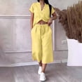 thumbnail image 2 of Women’s 2 Piece Outfit Set Button Short Sleeve Shirt and Drawstring Waist Cropped Wide Leg Capri Pants with Pockets, Light Weight for Daily‑Wear, Vacation and Shopping S-5XL Yellow, 2 of 6