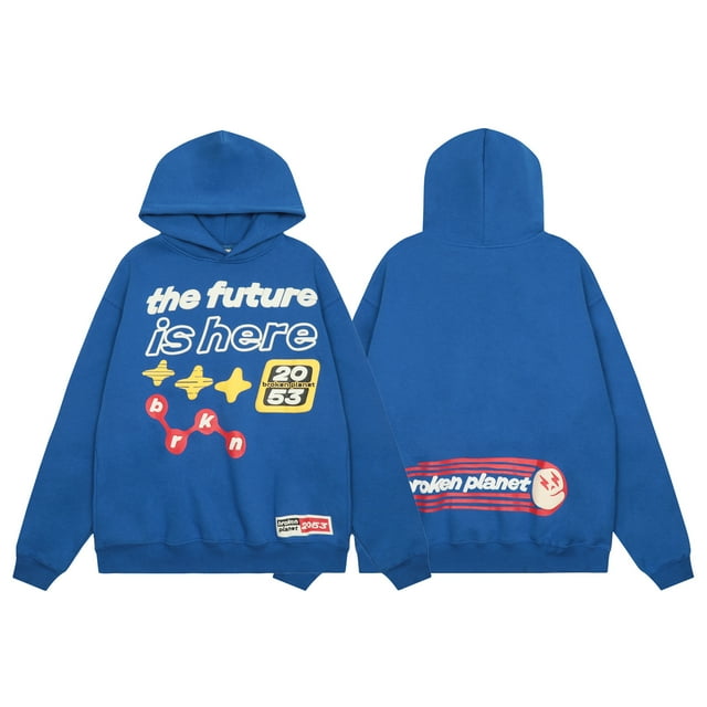 Sweat à Capuche en Peluche Décontracté Imprimé Lettres Planète Cassée-24732 Bleu-m