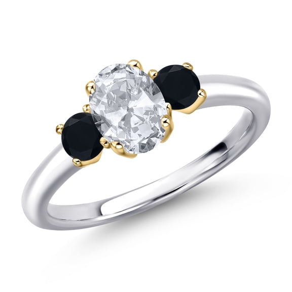 Gem Stone King 10K Two Tone Gold White Topaz and Black Onyx Engagement Ring for Women | 1.26 Cttw | Oval 7X5MM | Gemstone November Birthstone | Size 9