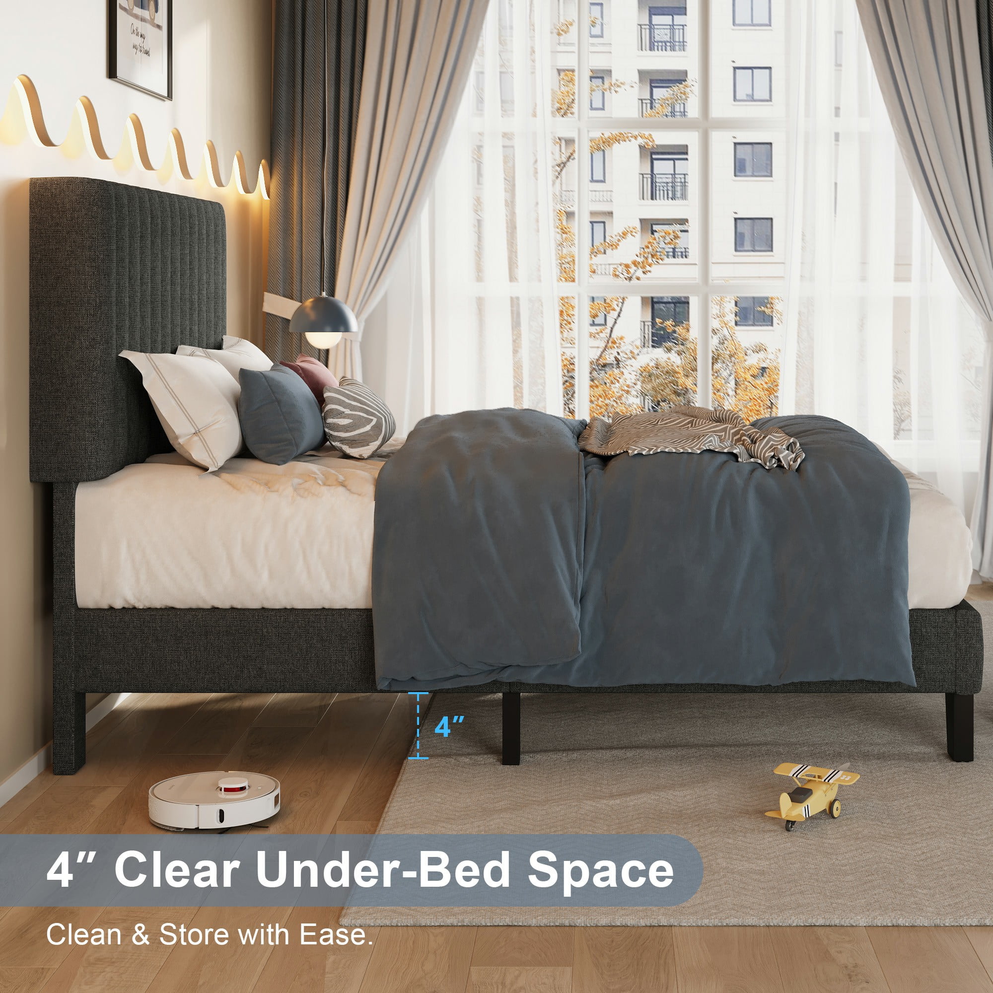 Virans Twin Size Bed Frame,Upholstered Linen Platform Bed frame with Fabric Headboard,Solid Wood Slats Support,Noise Free,No Box Spring,Easy Assembly,Dark Gray