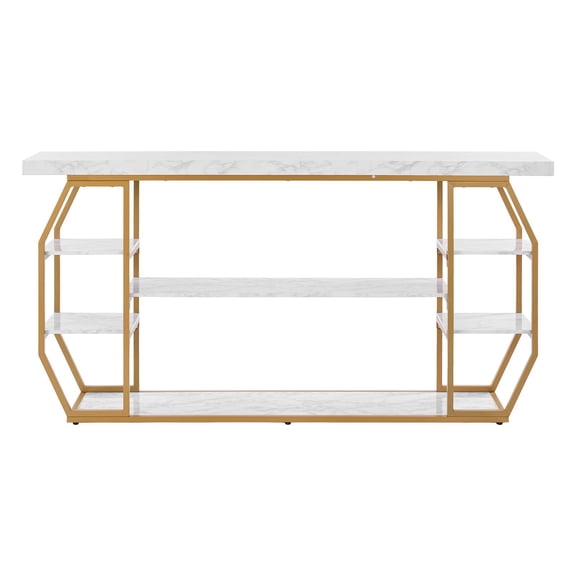 Modern 3-Tier Marble Console Table with Golden Geometric Frame - Large Entryway Hallway Sofa Table for Living Room