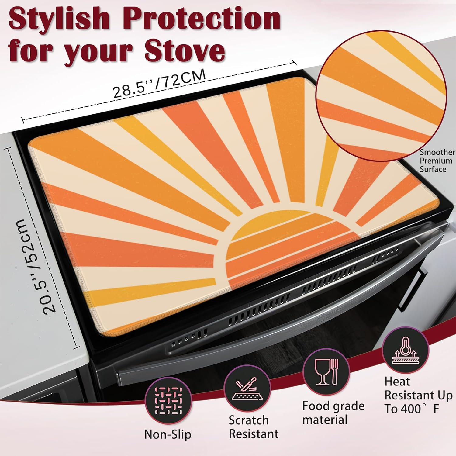 Vintage Boho Sun Stove Top Cover for Electric, Sunrise Sunshine Glass Ceramic Stove Cover, Heat Resistant Flat Stovetop Protector, Dish Drying Mats for Kitchen