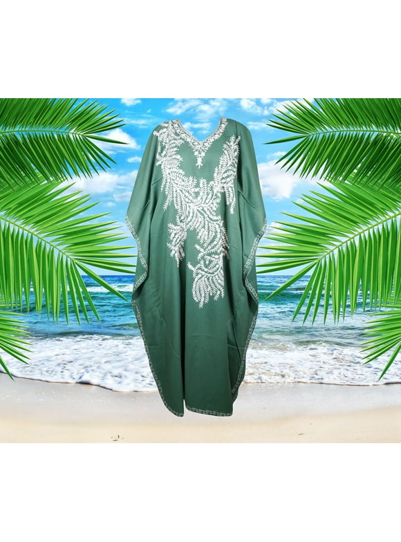 Women's Kaftan Maxi Dress, Gorgeous Embroidered Green Long dress, resort wear, L-2X, One size