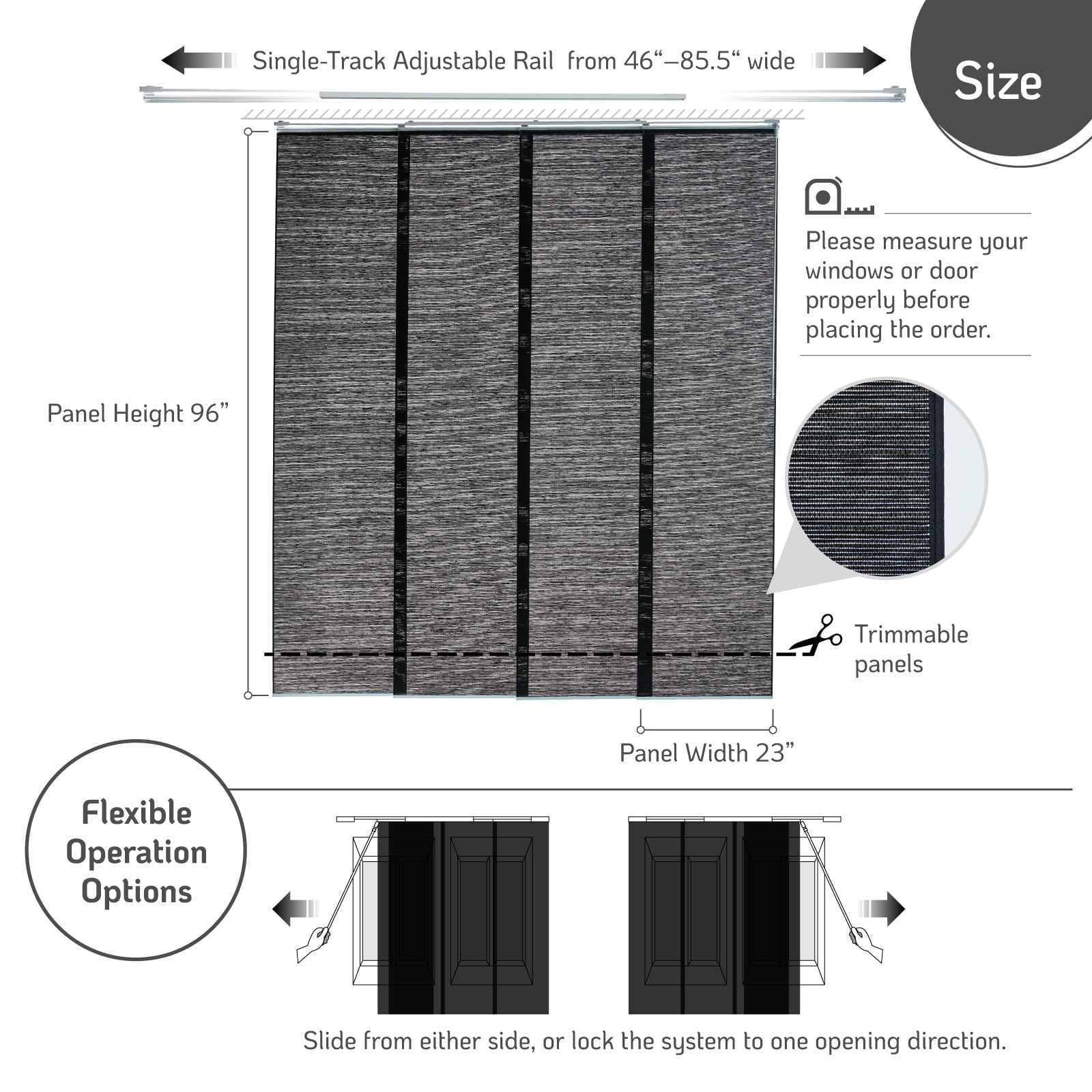Piecenat Panel Track Blinds 23 in Cordless Paper for Sliding Door Vertical Window Blinds, Charcoal Black, 85.5 in x 96 in