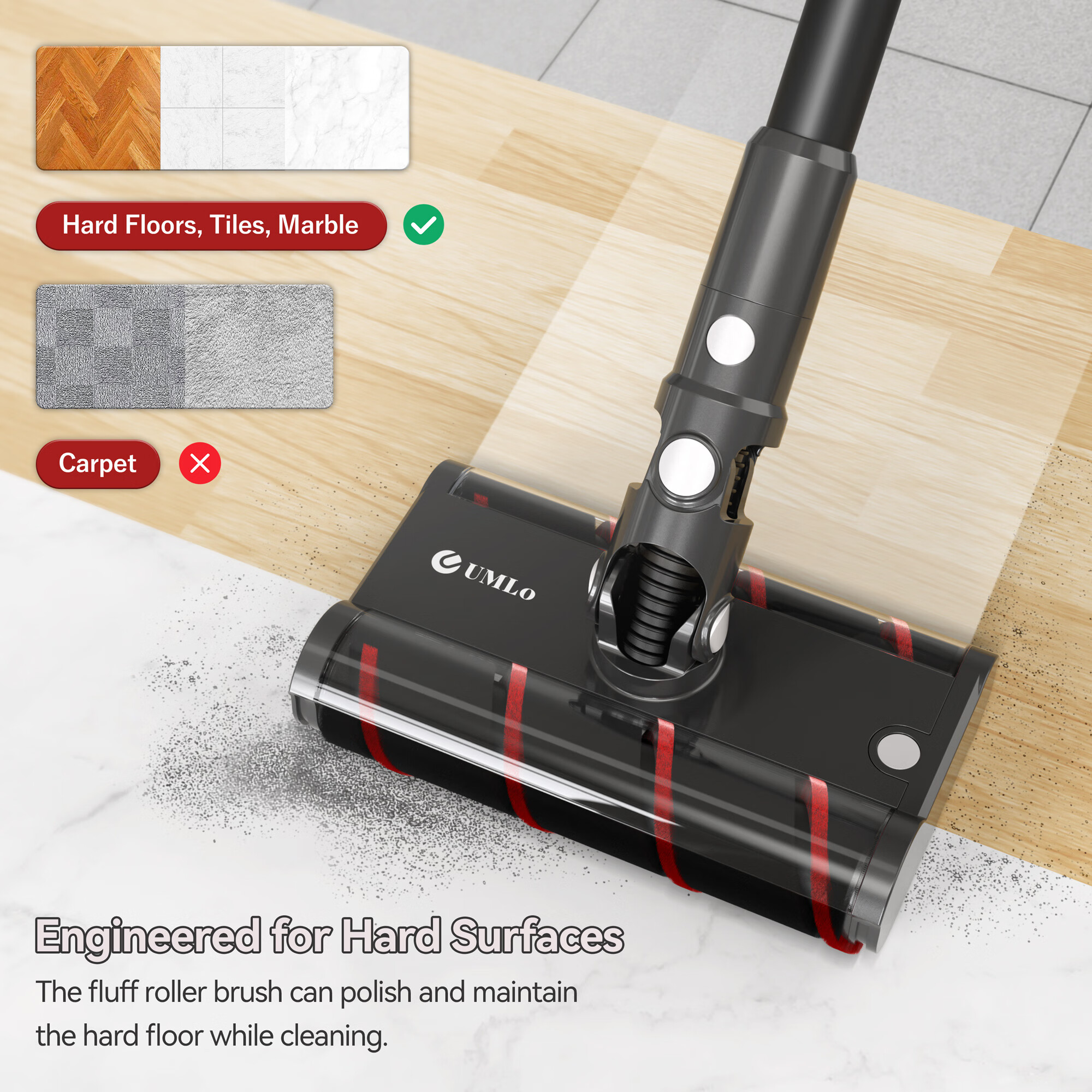 UMLo Stick Vacuum Cleaner, 22KPa Strong Suction, Directional Soft Roller Cleaner Head, 40-Min Runtime for Vacuuming