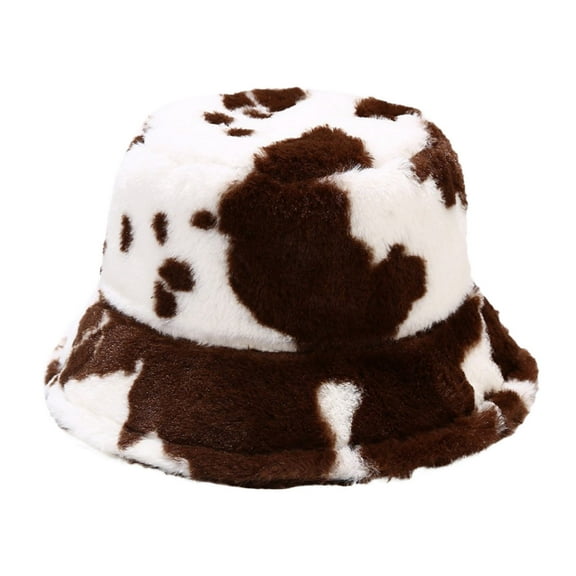 Cotonie Women's Autumn and Winter Fashion Cow Print Basin Hat Plush Fisherman Hat Warm Hat