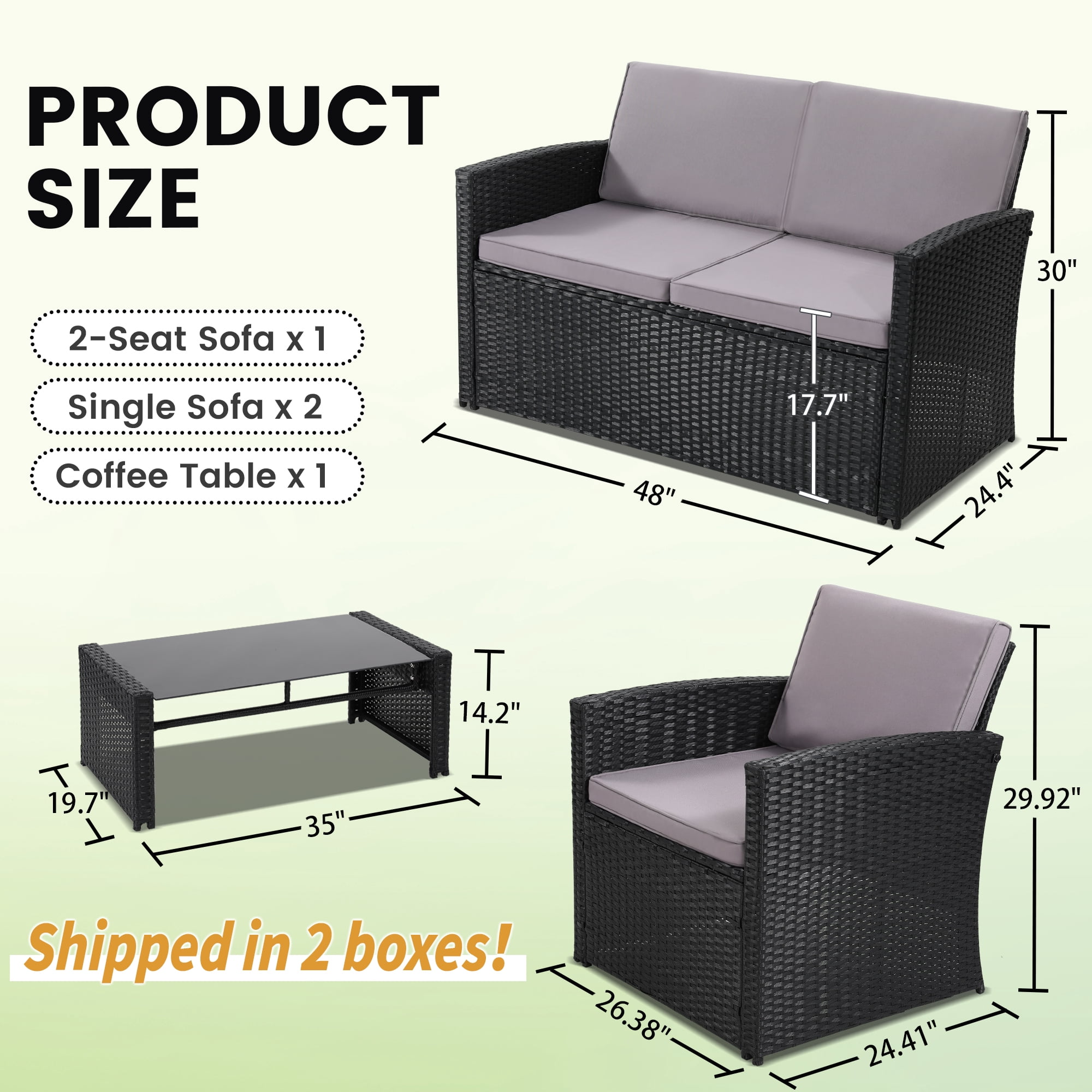 TUAREX Outdoor 4 Piece Wicker Patio Furniture Set, Waterproof Rattan Sectional Sofa with Thick Cushions, Perfect for Patio, Garden, Porch & Backyard, Black Rattan and Light Grey Cushion