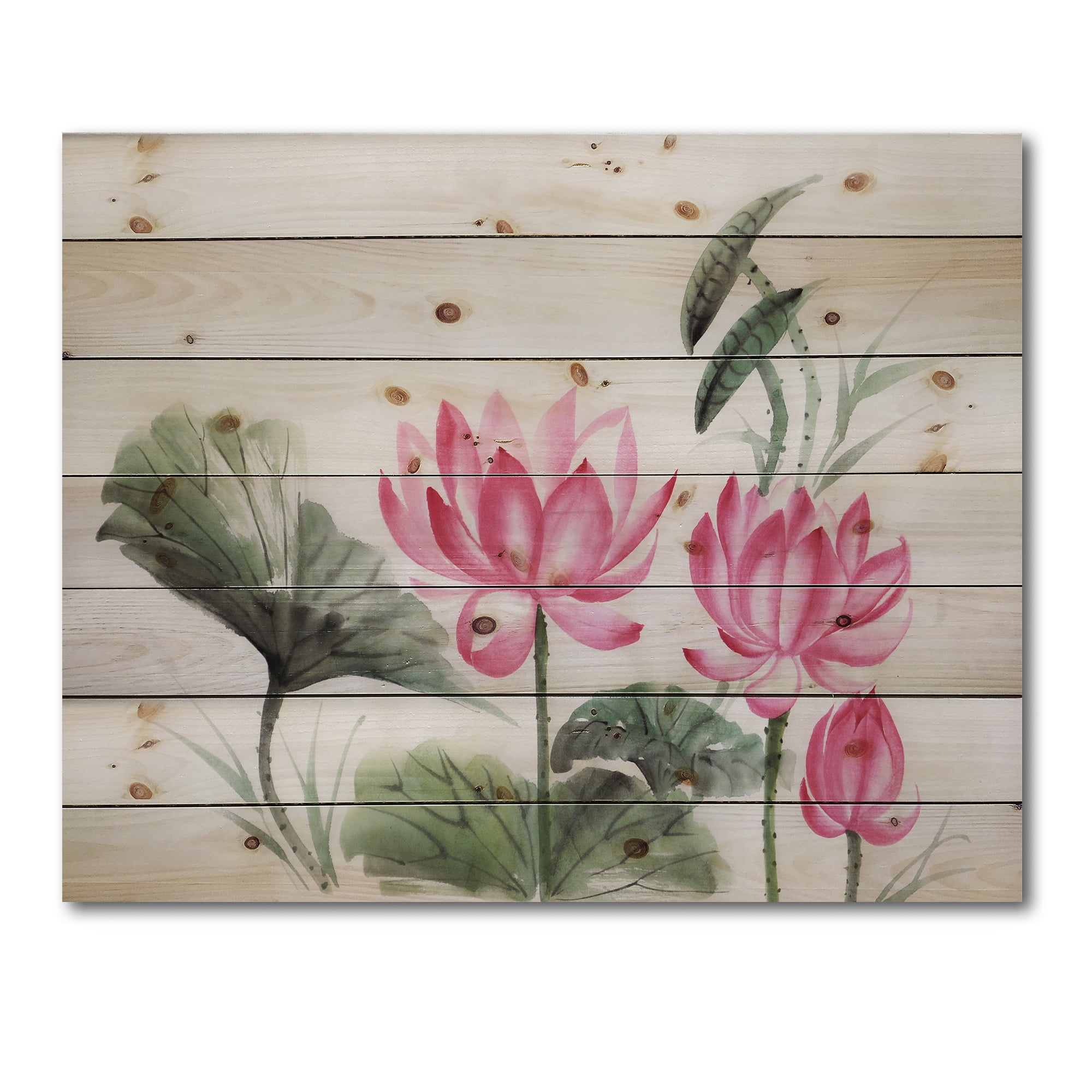 Designart 'Ancient Pink Lotuses In The Pond I' Traditional Print on Natural Pine Wood