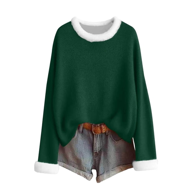 MHFRRA Camiseta Festiva de Manga Larga con Cuello y Estampado Festivo, Cómoda y Acogedora. Verde Oscuro