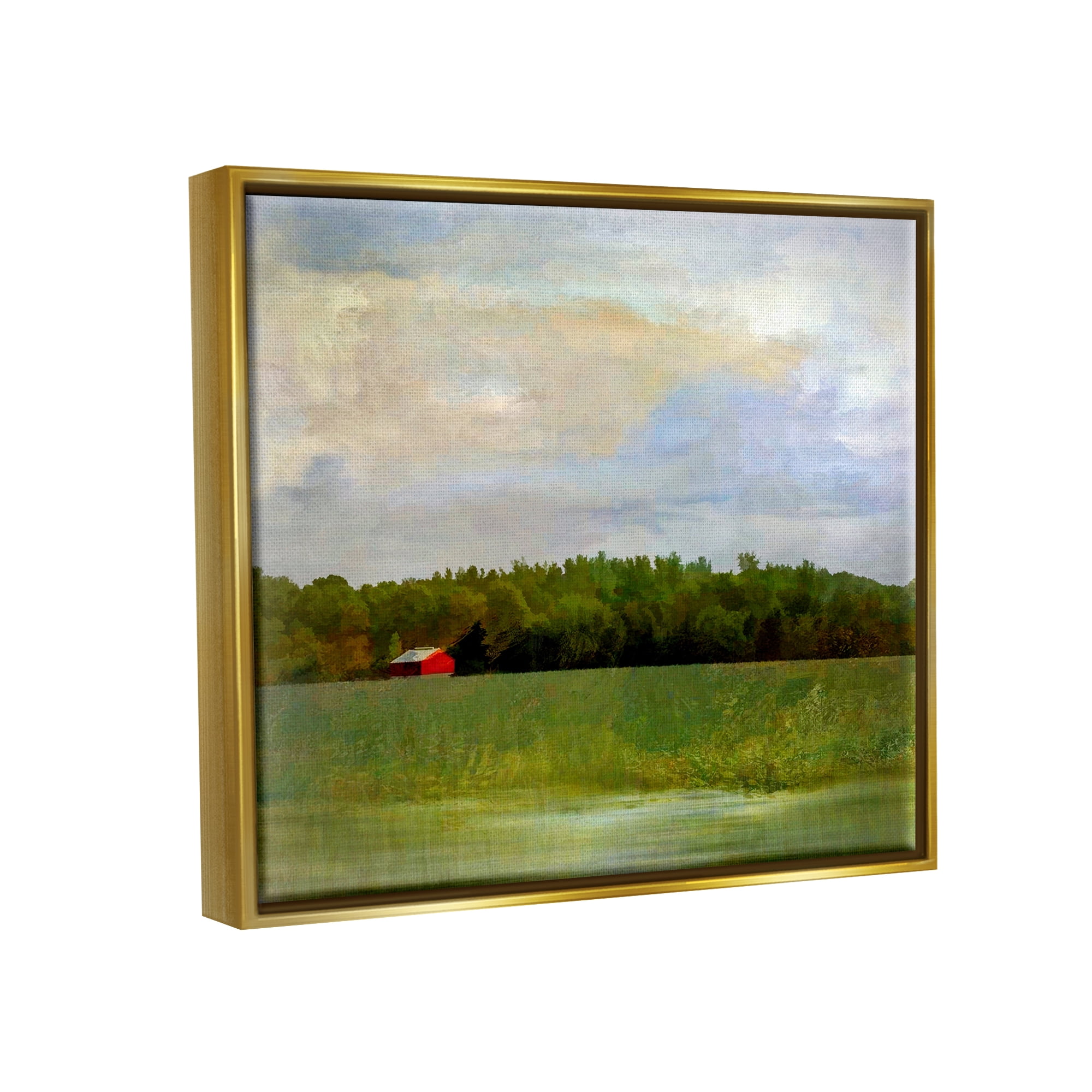 Stupell Industries Rural Field Red Cabin Landscape Landscape Painting Gold Floater Framed Art Print Wall Art