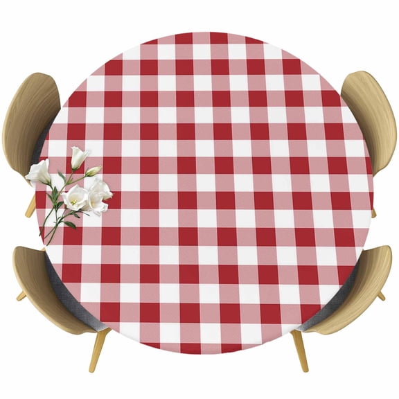 Farmhouse Red Plaid Table Cloth, Round Fitted Tablecloths with Elastic Edge, Rustic Red White Checkered Wipeable Waterproof Table Cover for Kitchen Wedding 36-44 Inches