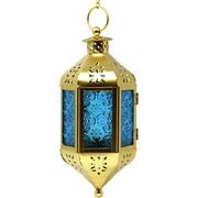 Gold Hanging Decorative Candle Lantern Holders with Chain, Blue Glass
