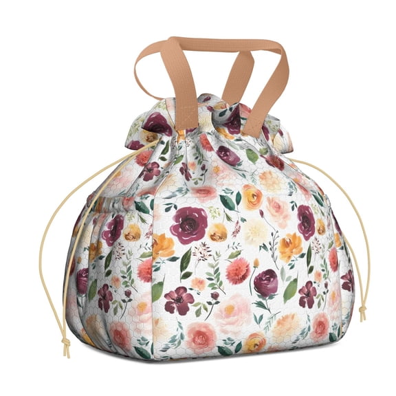 Pioneer Flower Floral Print Pattern Drawstring Lunch Bag Women - Drawstring Lunch Bag Insulated for Work Office - Stain-Resistant Large Lunchbags for Women with Multi-Pockets