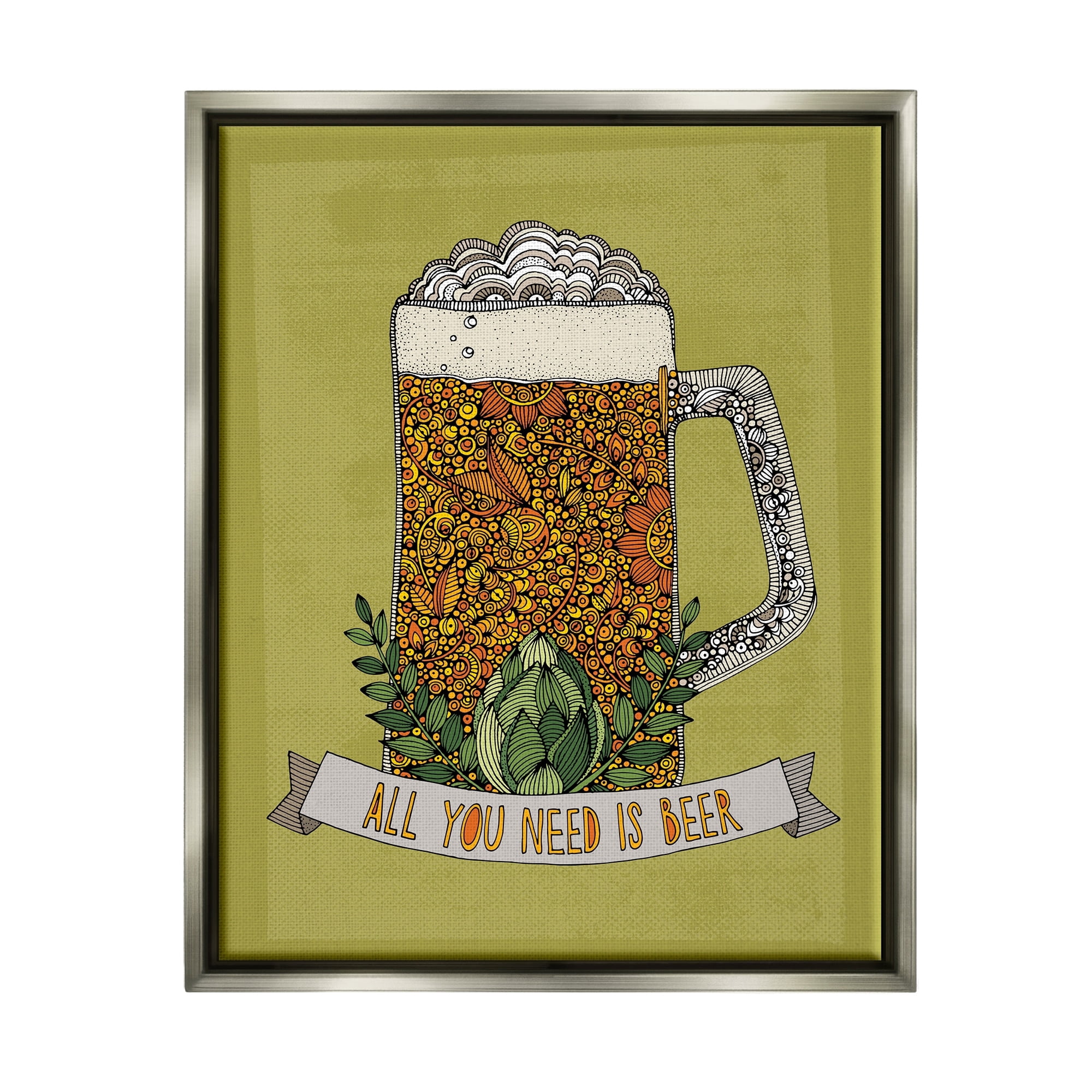 Stupell Industries All You Need Is Beer Floral Pattern Stein Mug Graphic Art Luster Gray Floating Framed Canvas Print Wall Art, Design by Valentina Harper