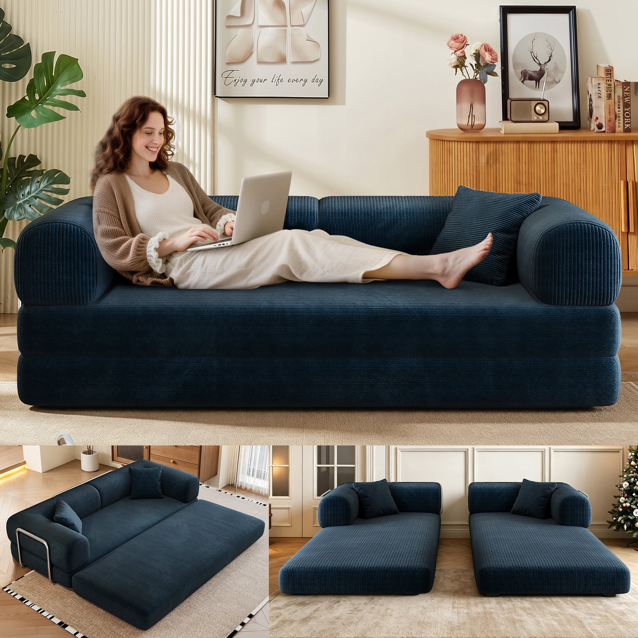 AISWORD Convertible Sleeper Sofa Bed with Cylindrical Pillow, Corduroy Folding Mattress Couch with Fixed-Shape Frame, Floor Sofa Lounge Couch, Blue