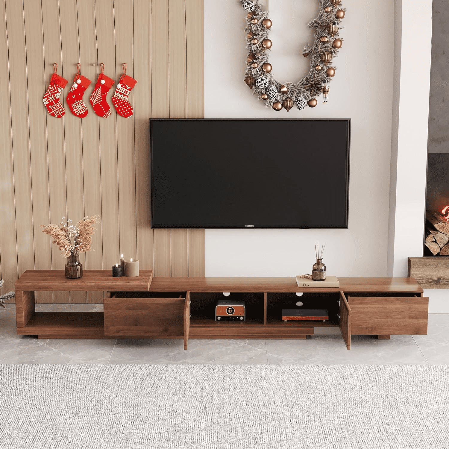 NessCarsti, Extendable Walnut TV Console, Supports 78.54 to 103