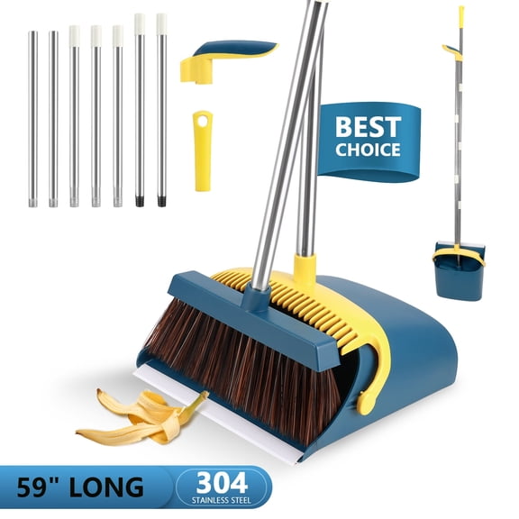 HOOFUN Broom with Dustpan Combo Set, 59" Long Adjustable Handle Broom Dustpan Combo with Dustpan Teeth to Automatically Clean Hair Suitable for Home Kitchen Office Hall Floor (Blue)