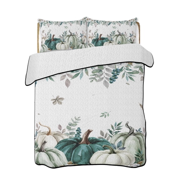 Quilts Queen Size Bedding Set, Teal Pumpkins Fall Reversible Summer Quilt 3 Pieces, Botanical Thanksgiving Leaves Weeping Lightweight Bedspreads Coverlets with 2 Pillow Shams for All Seasons