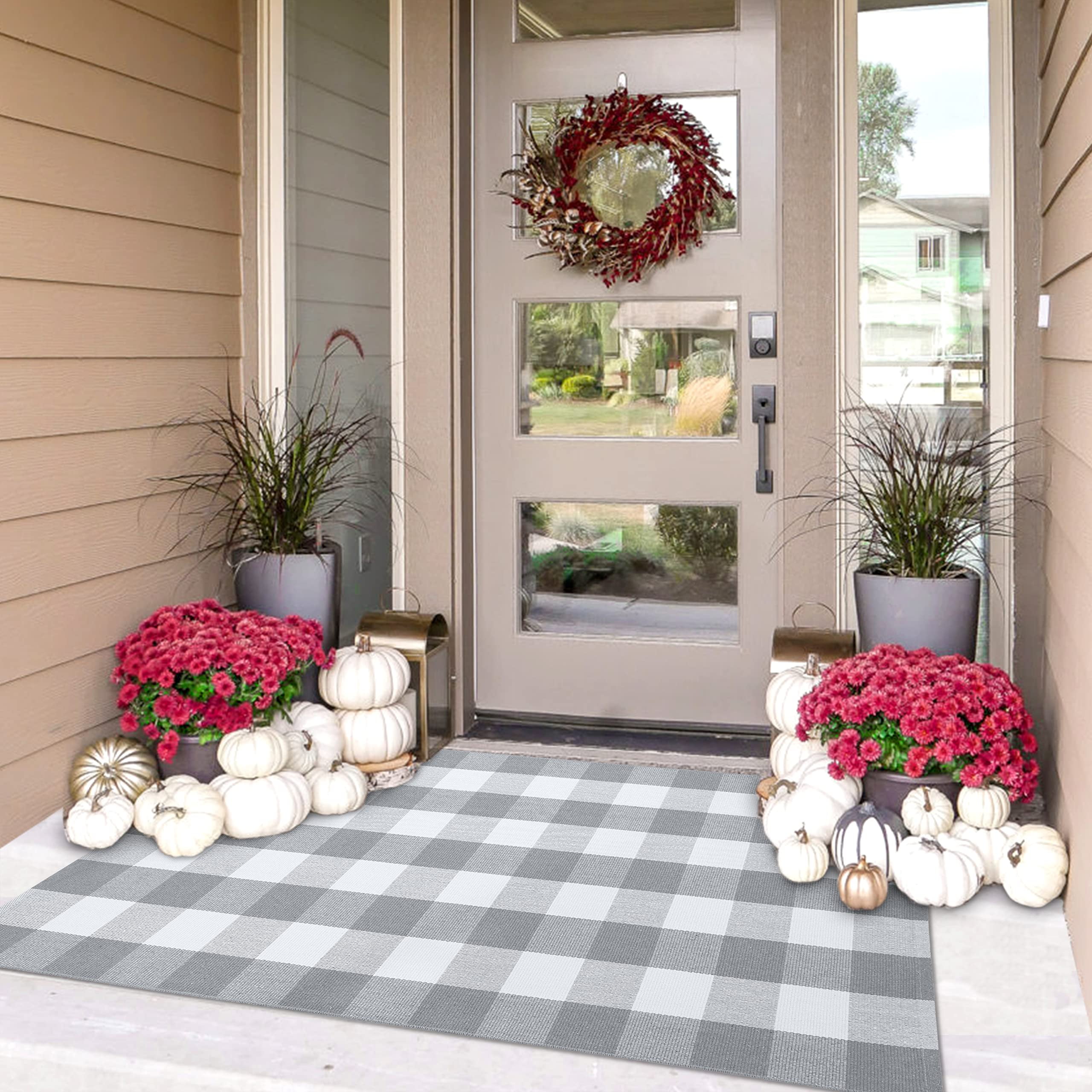 Cotton Grey Buffalo Plaid Check Rug 3x5 Outdoor Doormat Washable Woven