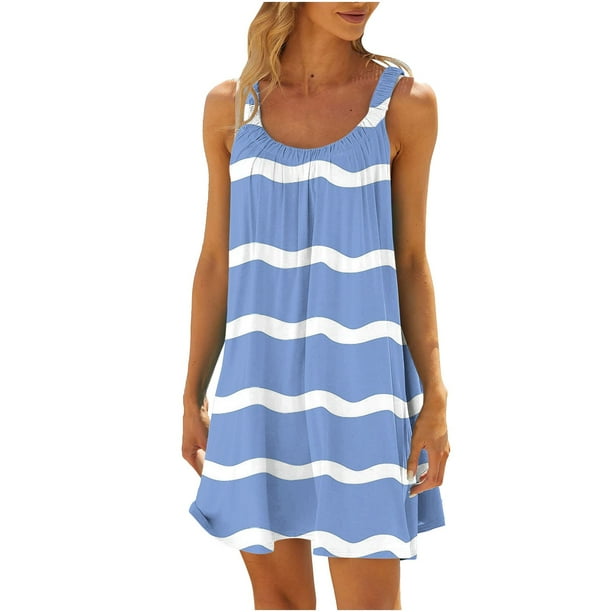 Vestido de Verano para las Mujeres Impreso sin Mangas Cuello Redondo, Suelto de Rodilla de Longitud Vestido Casual para la Primavera