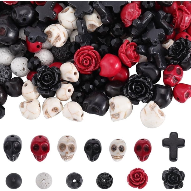 203 piezas de cuentas de piedra volcánica natural, turquesa y negra, con forma de flor o rosa, ideales para hacer joyas, pulseras, collares y manualidades.