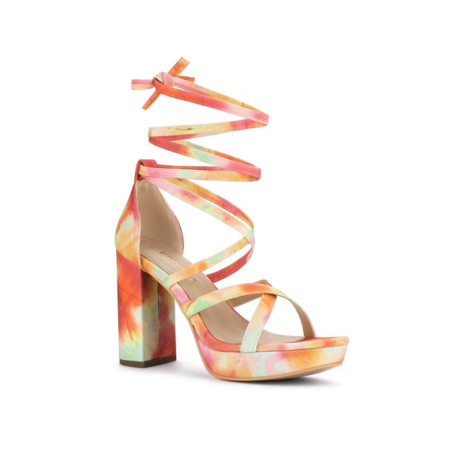 BLISSFUL STEP Women's Tie Dye High Heel Sandal Platform Block Heel Prom Sandals Orange 9