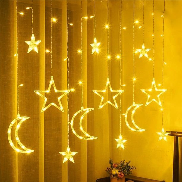 Cortina de luces LED decorativas con forma de estrella y luna, 3,5 m, para el Festival de Ramadán, con control remoto y enchufe USB, ideal para fiestas en casa, decoración navideña.