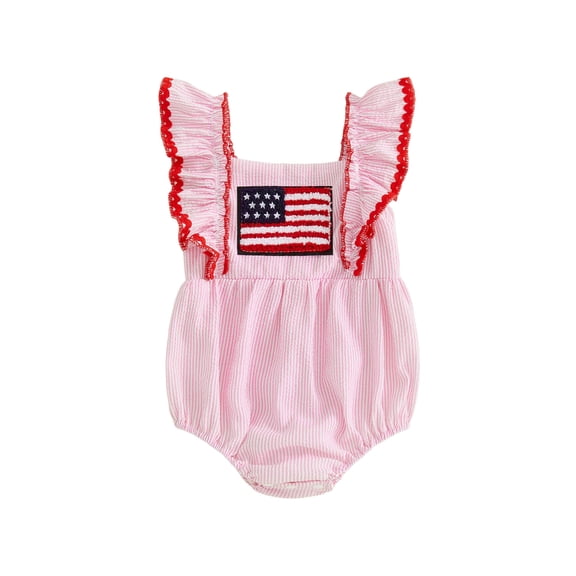 BemeyourBBs Newborn Baby Girl My First 4th of July Outfit Baby Girl Patriot Independent Day Summer Clothes Bubble Romper American Flag Embroidery Square Neck Ruffled Fly Sleeve Bodysuits Jumpsuits