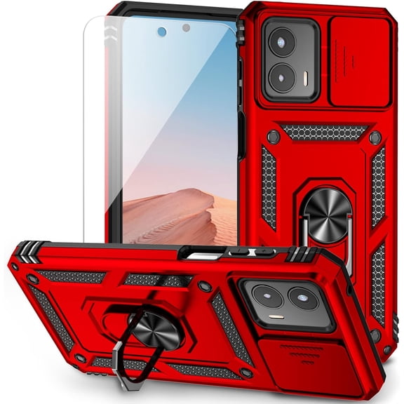 for Moto G 5G 2023 Case with Slide Camera Cover HD Screen Protector [ Grade 16ft. Drop Tested]  Ring Holder Kickstand Protective Phone Case for Motorola Moto G 5G 2023, Red