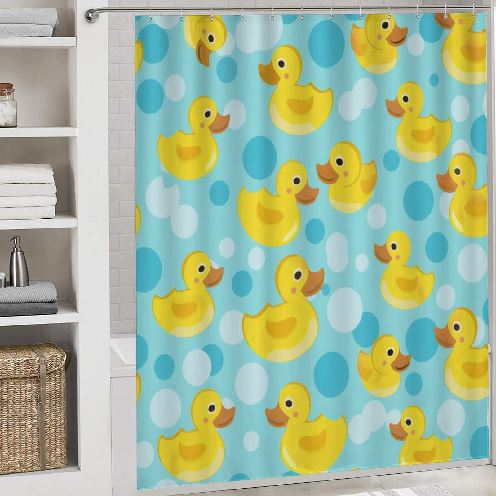 Cute Rubber Duck 4 Pcs Bathroom Shower Curtain Set, Bathroom Sets with Rugs (Bath Mat, U Shape and Toilet Lid Cover Mat) and 12 Hooks,