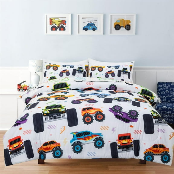 Boys Twin Size Off-Road Racing Truck Print Bedding Comforter Set with Sheets