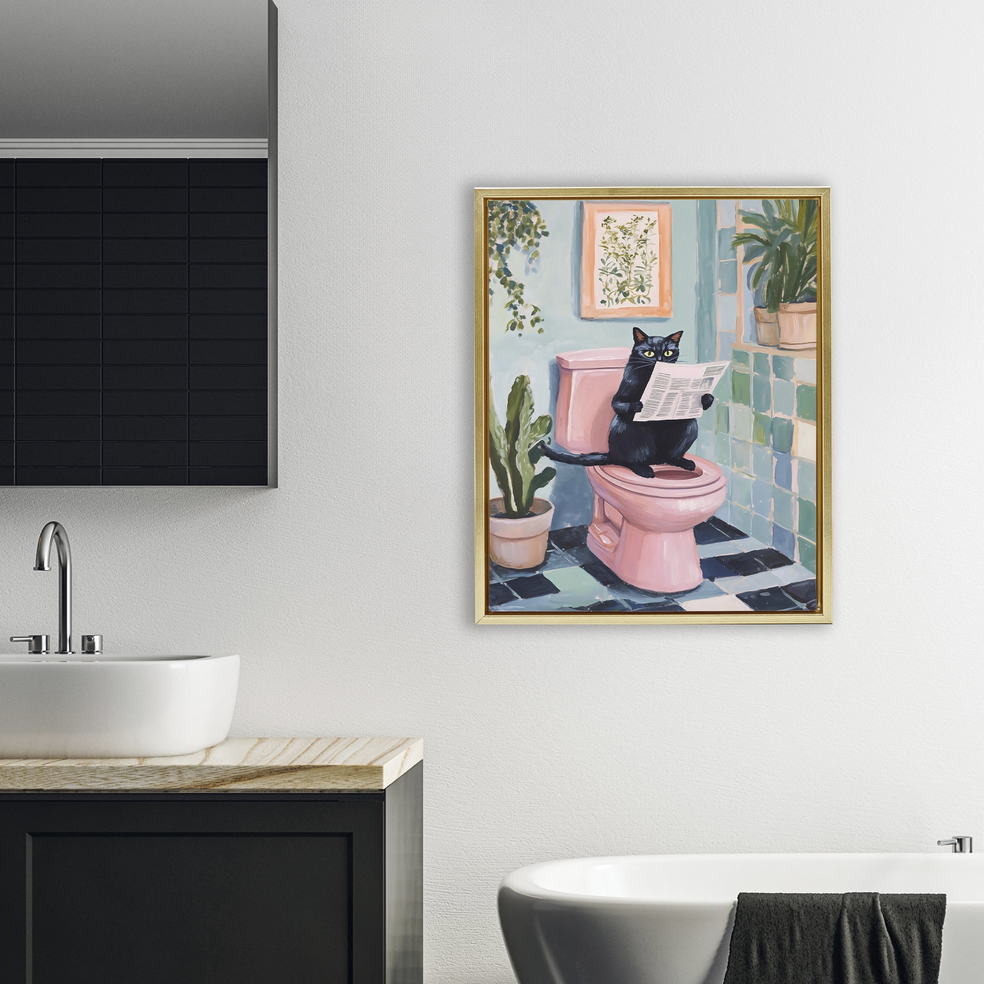Stupell Industries Cat Reading on Pink Toilet Gold Framed Floater Canvas Wall Art, design by The Prints Vibe