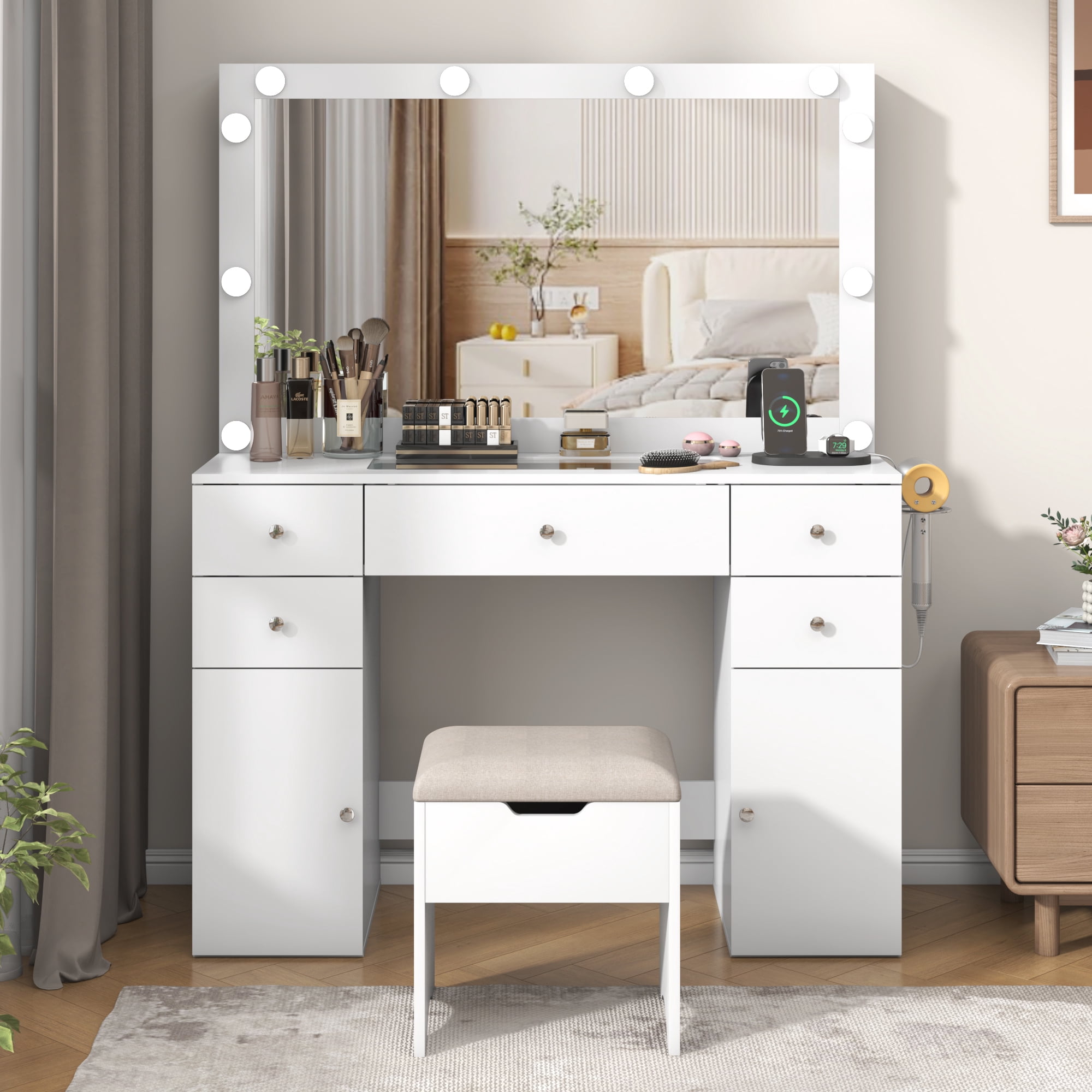 White Vanity Desk with Large Lighted Mirror & Power Outlet, Makeup Vanity Table with Glass Top & Drawers, Sliding Storage, Vanity Set with Storage Stool