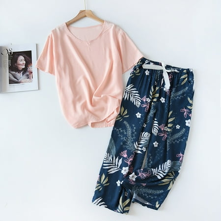 

Breathable 2PCS Pajama Short Sleeve Printed Pijama Mujer Femme Loose Nightwear Suit Female Casual Homewear Pajama Set For Women