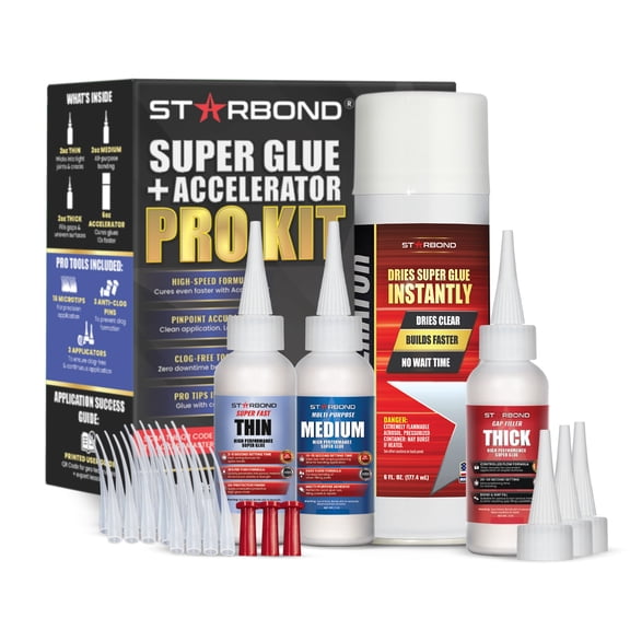 Starbond 2 oz. Thin, 2 oz. Medium, 2 oz. Thick CA Glue with 6 oz. Accelerator - Complete Viscosity Super Glue Kit for Woodworking, Hobby, Repairs