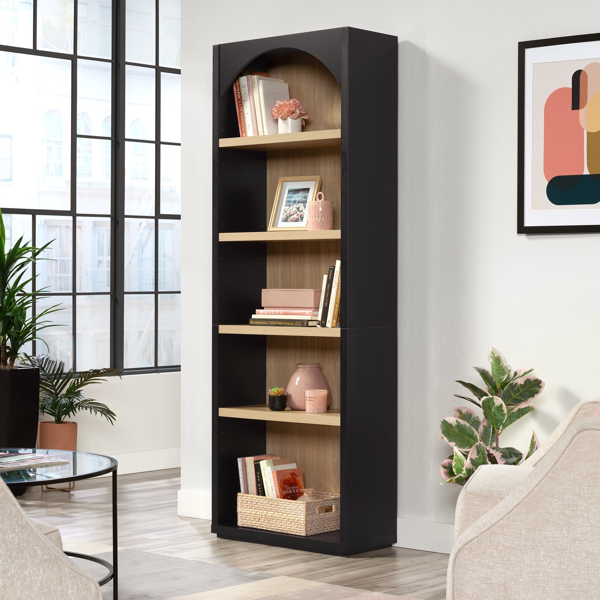 (2 pack) Mainstays 5 Shelf Westley Arch Bookcase, Black Finish
