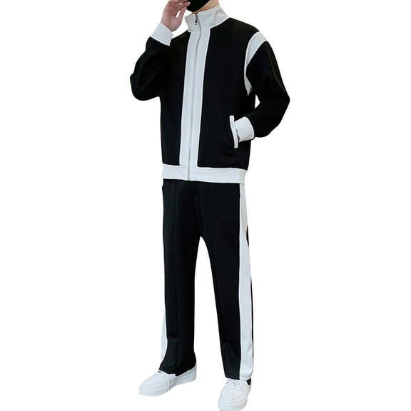 Men’s Two-Piece Tracksuit Set Zip-Up Long Sleeve Jacket and Full-Length Pants with Contrast Panel Design Athletic Outfit