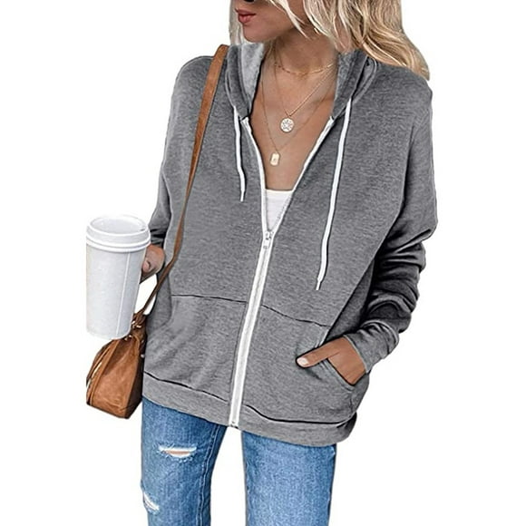 PEZHADA Fall Savings Women Lightweight Thin Zip-Up Hoodie Jacket Plus Size Long Sleeve Drawstring Hooded Sweatshirt with Pocket Gray
