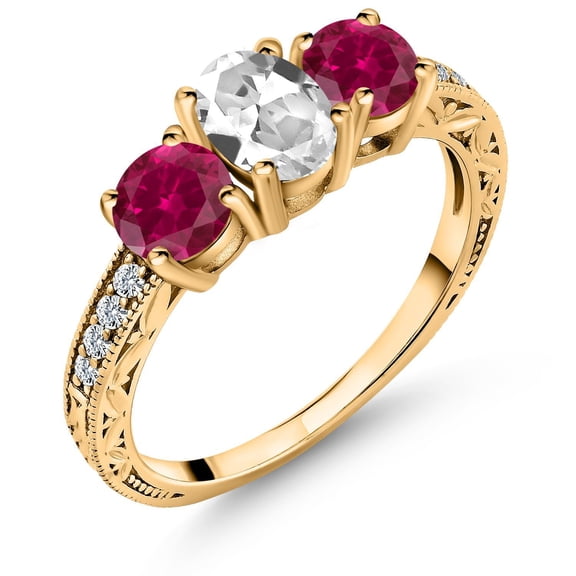 Gem Stone King 2.32 Ct White Created Sapphire Red Created Ruby 18K Yellow Gold Plated Silver Ring (Size 8)