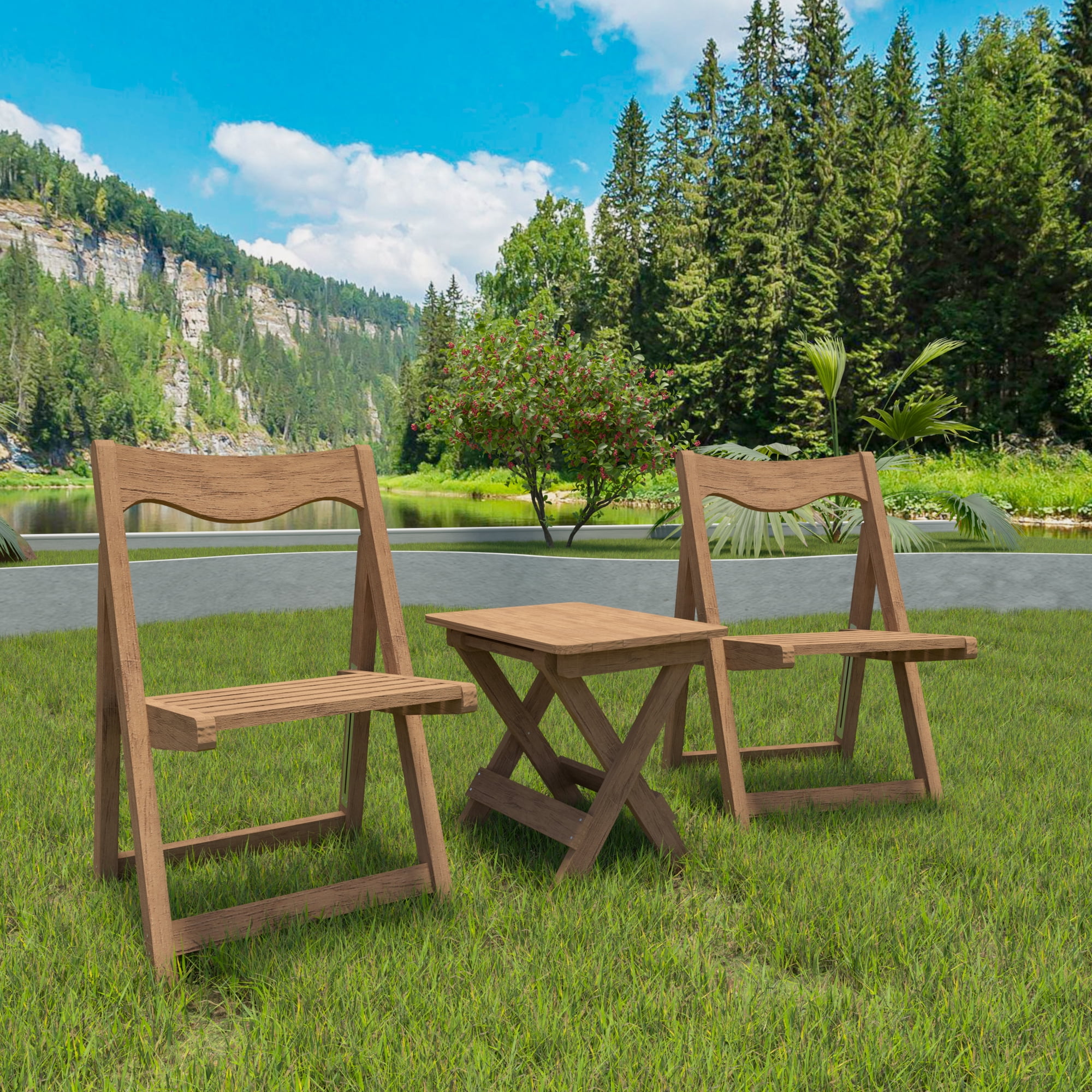 Outdoor Bistro Set, Foldable Small Table and Chair Set with 2 Chairs for Small Spaces, Teak
