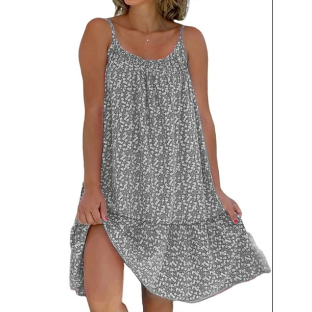 Avamo Women Summer Beach Sundress Crew Neck Short Mini Dresses Floral Print Slip Dress Basic Bohemian Gray 2XL Walmart