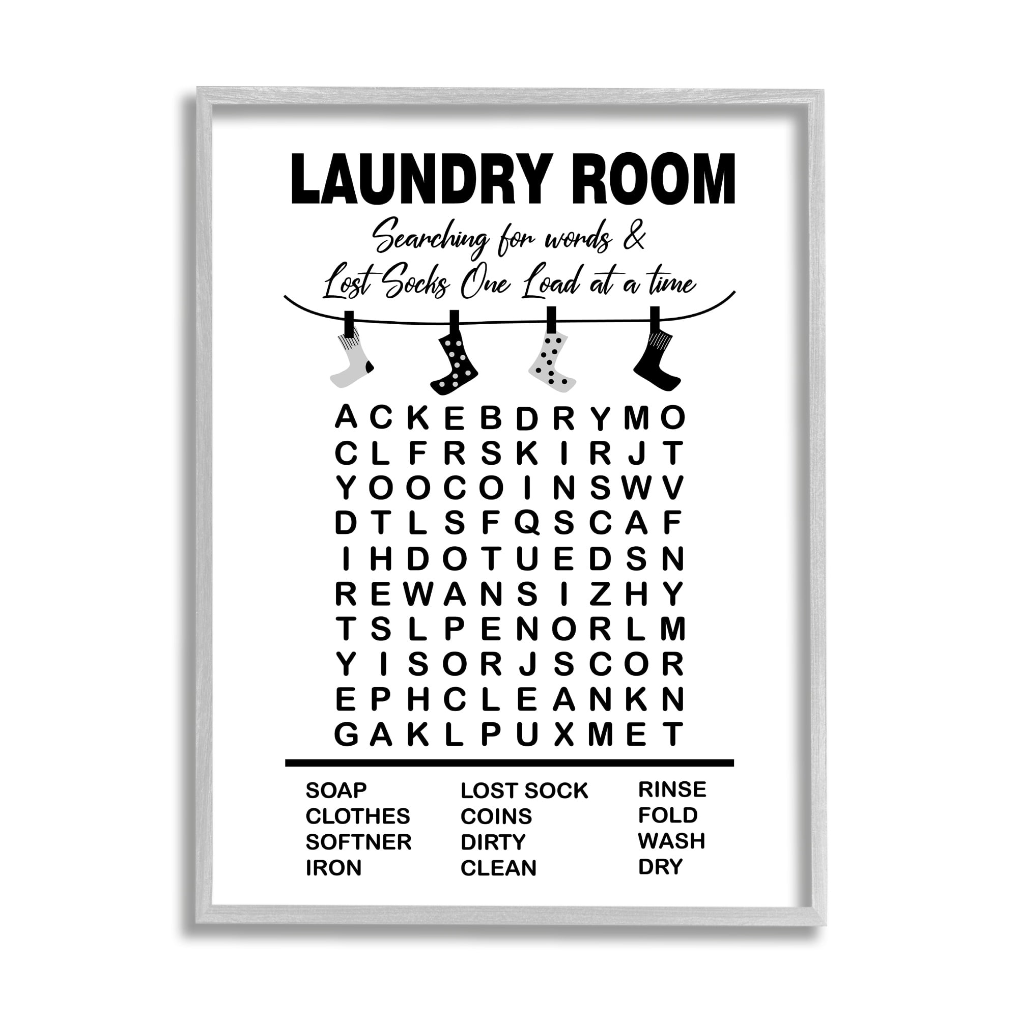 Stupell Industries Laundry Room Word Search Lost Socks Hanging Graphic Art Gray Framed Art Print Wall Art, Design by Lettered and Lined